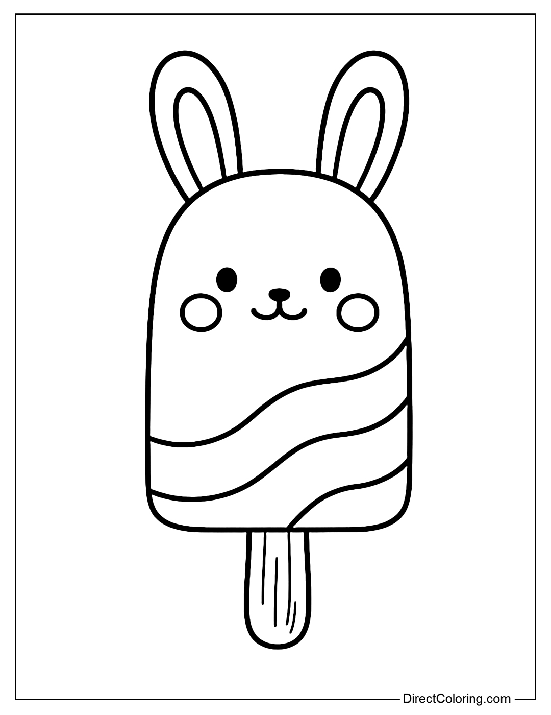 Coloring page of a bunny-shaped popsicle, with long ears and rosy cheeks.